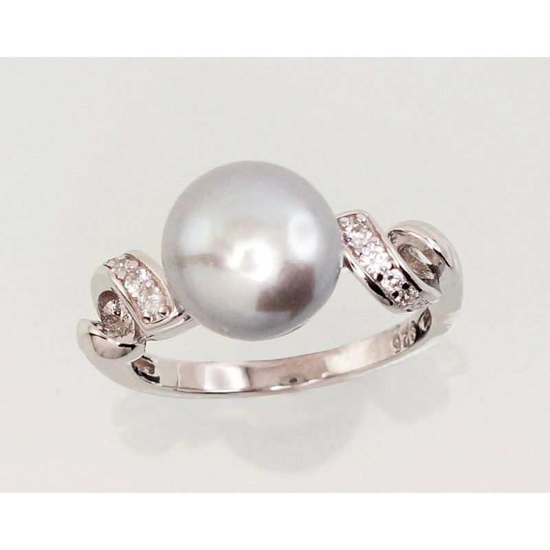 Silver ring 2101467(PRh-Gr)_CZ+PE-GR, Silver 925°, Rhodium (Plating), Zirkons , Fresh-water Pearl