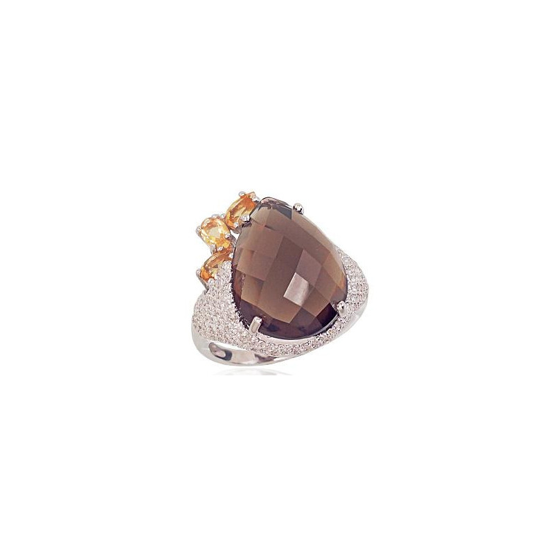 Silver ring 2101608(PRh-Gr)_CZ+KZSM+CT, Silver 925°, Rhodium (Plating), Zirkons , Smoky Quarz , Citrine