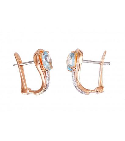 Gold earrings with 'english' lock 1200276(Au-R+PRh-W)_DI+TZLB, Red Gold 585°, Rhodium (Plating) , Diamonds , Sky Blue