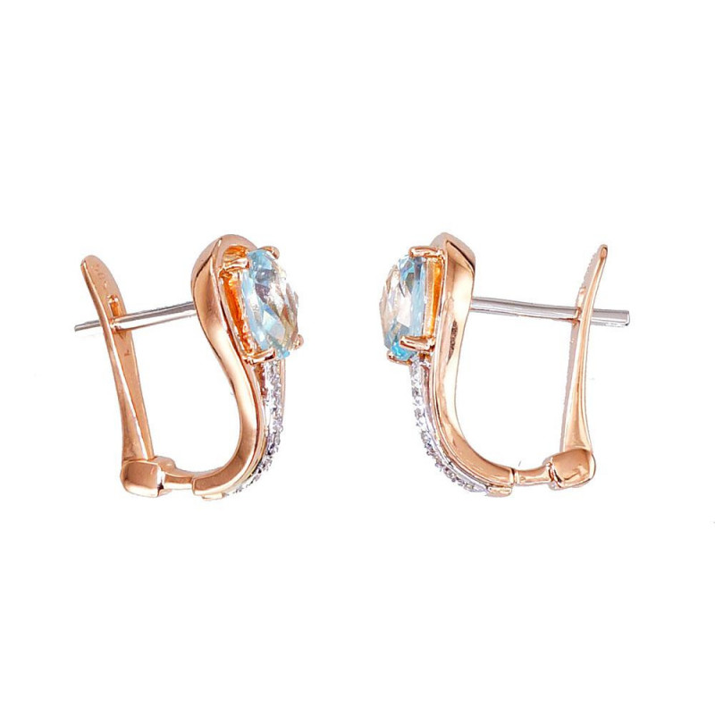 Gold earrings with 'english' lock 1200276(Au-R+PRh-W)_DI+TZLB, Red Gold 585°, Rhodium (Plating) , Diamonds , Sky Blue