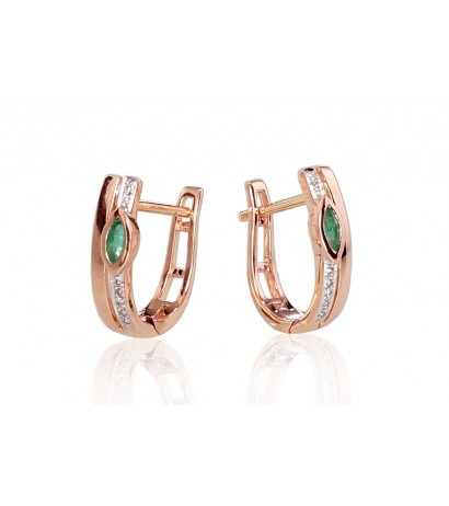 Gold earrings with 'english' lock 1200713(Au-R+PRh-W)_DI+EM, Red Gold 585°, Rhodium (Plating) , Diamonds , Emerald