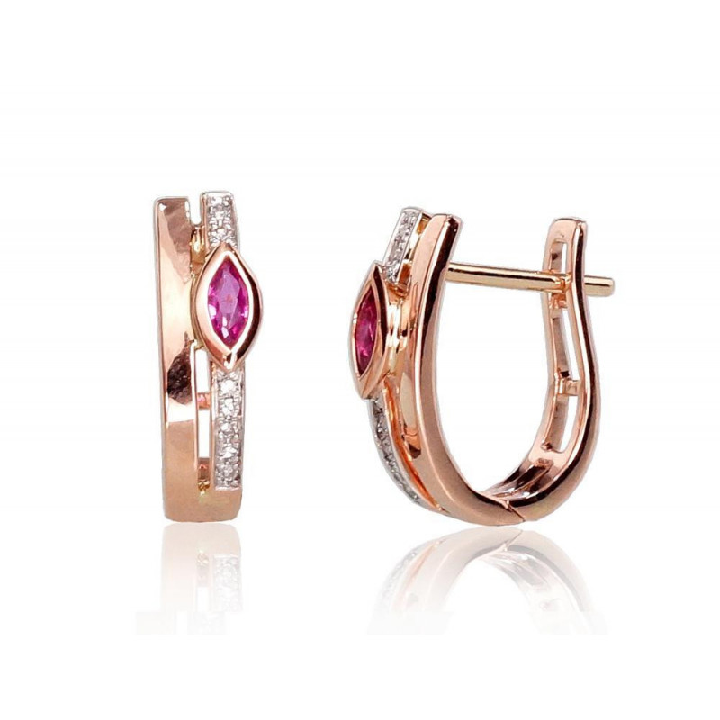 Gold earrings with 'english' lock 1200713(Au-R+PRh-W)_DI+RB, Red Gold 585°, Rhodium (Plating) , Diamonds , Ruby