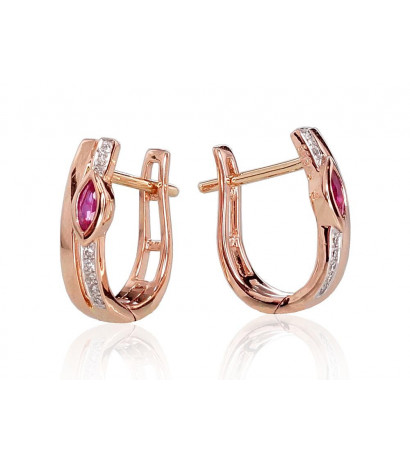 Gold earrings with 'english' lock 1200713(Au-R+PRh-W)_DI+RB, Red Gold 585°, Rhodium (Plating) , Diamonds , Ruby