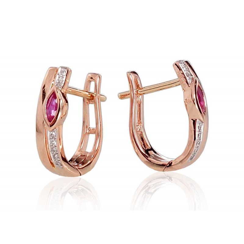 Gold earrings with 'english' lock 1200713(Au-R+PRh-W)_DI+RB, Red Gold 585°, Rhodium (Plating) , Diamonds , Ruby