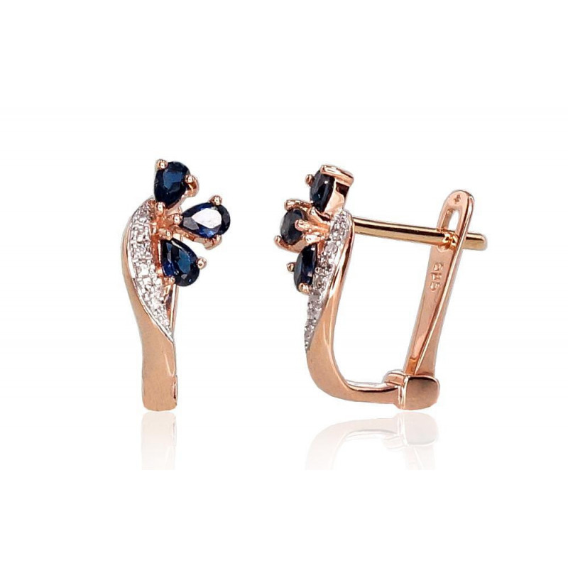 Gold earrings with 'english' lock 1200716(Au-R+PRh-W)_DI+SA, Red Gold 585°, Rhodium (Plating) , Diamonds , Sapphire