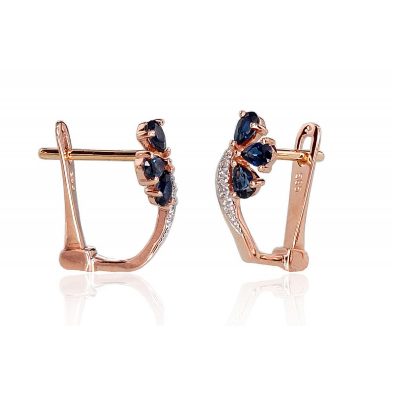 Gold earrings with 'english' lock 1200716(Au-R+PRh-W)_DI+SA, Red Gold 585°, Rhodium (Plating) , Diamonds , Sapphire