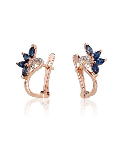 Gold earrings with 'english' lock 1200717(Au-R+PRh-W)_DI+SA, Red Gold 585°, Rhodium (Plating) , Diamonds , Sapphire