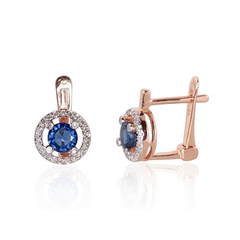 Gold earrings with 'english' lock 1200718(Au-R+PRh-W)_DI+SA, Red Gold 585°, Rhodium (Plating) , Diamonds , Sapphire