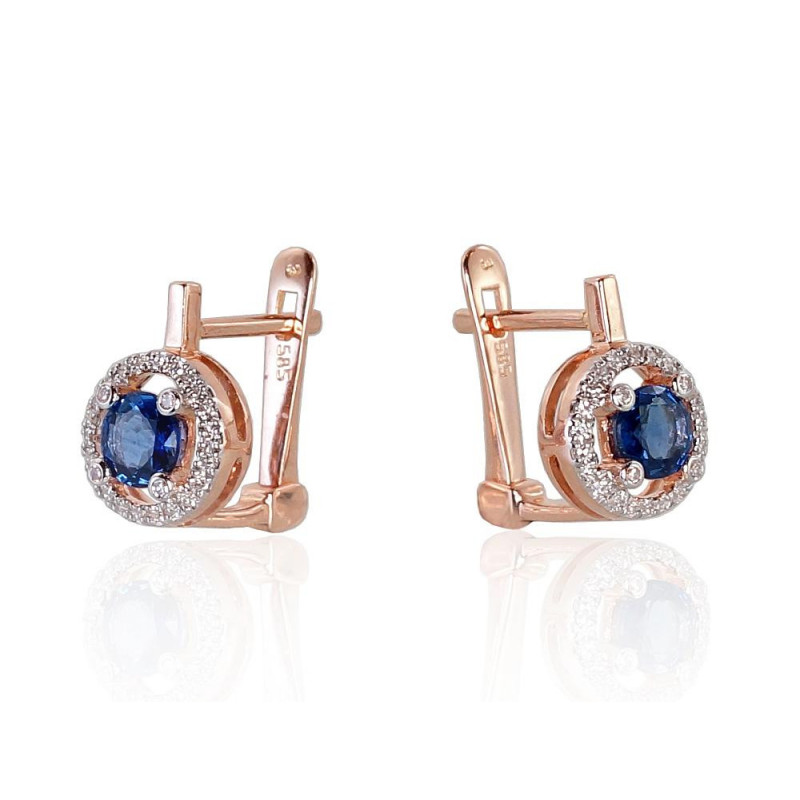 Gold earrings with 'english' lock 1200718(Au-R+PRh-W)_DI+SA, Red Gold 585°, Rhodium (Plating) , Diamonds , Sapphire