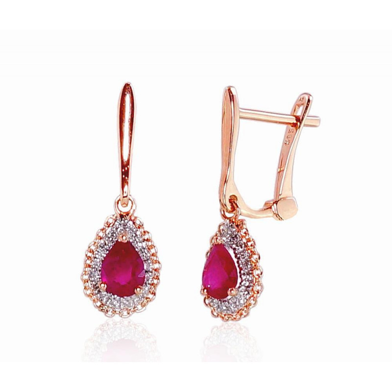 Gold earrings with 'english' lock 1200799(Au-R+PRh-W)_DI+RB, Red Gold 585°, Rhodium (Plating) , Diamonds , Ruby