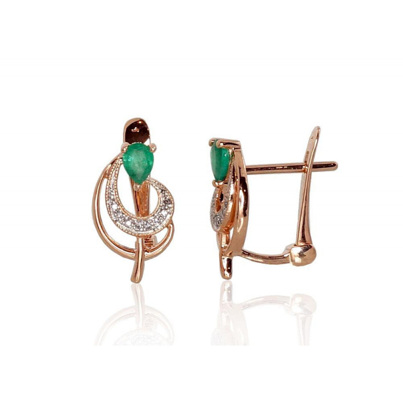 Gold earrings with 'english' lock 1200806(Au-R+PRh-W)_DI+EM, Red Gold 585°, Rhodium (Plating) , Diamonds , Emerald