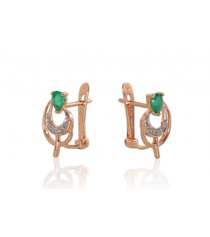 Gold earrings with 'english' lock 1200806(Au-R+PRh-W)_DI+EM, Red Gold 585°, Rhodium (Plating) , Diamonds , Emerald