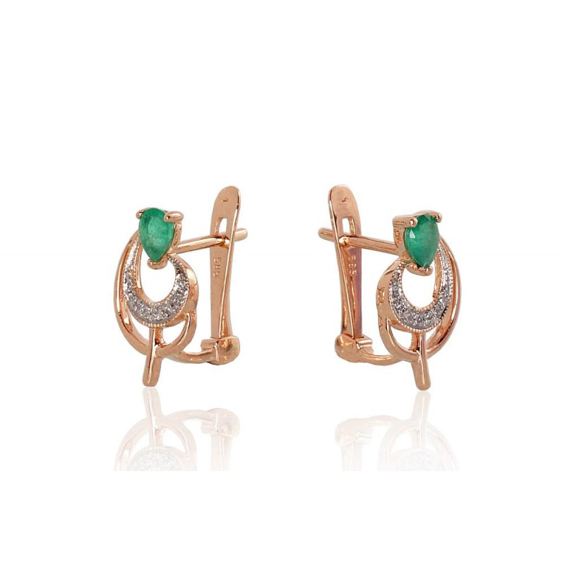 Gold earrings with 'english' lock 1200806(Au-R+PRh-W)_DI+EM, Red Gold 585°, Rhodium (Plating) , Diamonds , Emerald