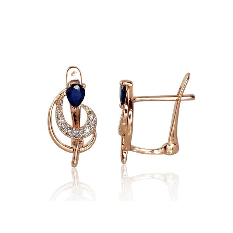 Gold earrings with 'english' lock 1200806(Au-R+PRh-W)_DI+SA, Red Gold 585°, Rhodium (Plating) , Diamonds , Sapphire