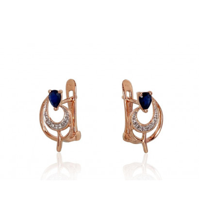 Gold earrings with 'english' lock 1200806(Au-R+PRh-W)_DI+SA, Red Gold 585°, Rhodium (Plating) , Diamonds , Sapphire