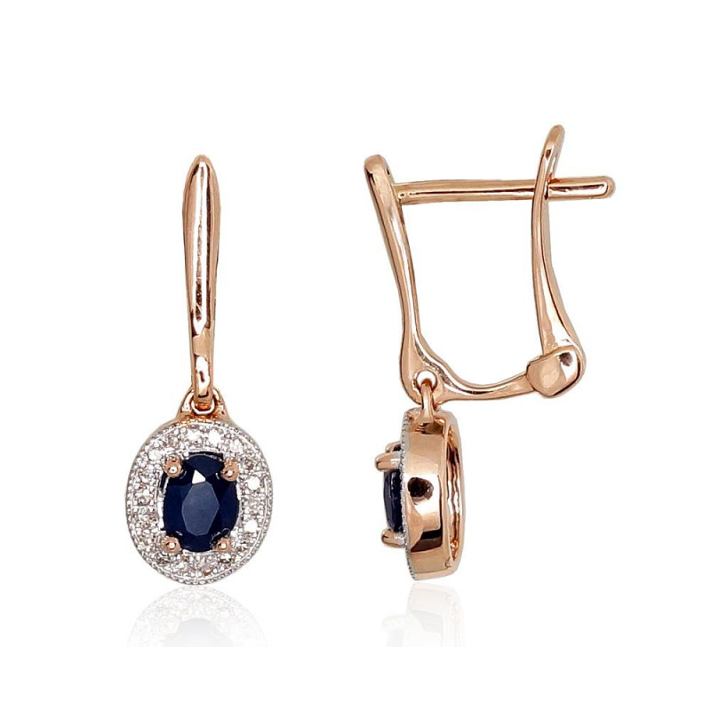 Gold earrings with 'english' lock 1200975(Au-R+PRh-W)_DI+SA, Red Gold 585°, Rhodium (Plating) , Diamonds , Sapphire