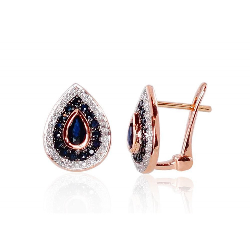 Gold earrings with 'english' lock 1200792(Au-R+PRh-W+PRh-Bk)_DI+SA, Red Gold 585°, Rhodium (Plating) , Diamonds , Sapphire