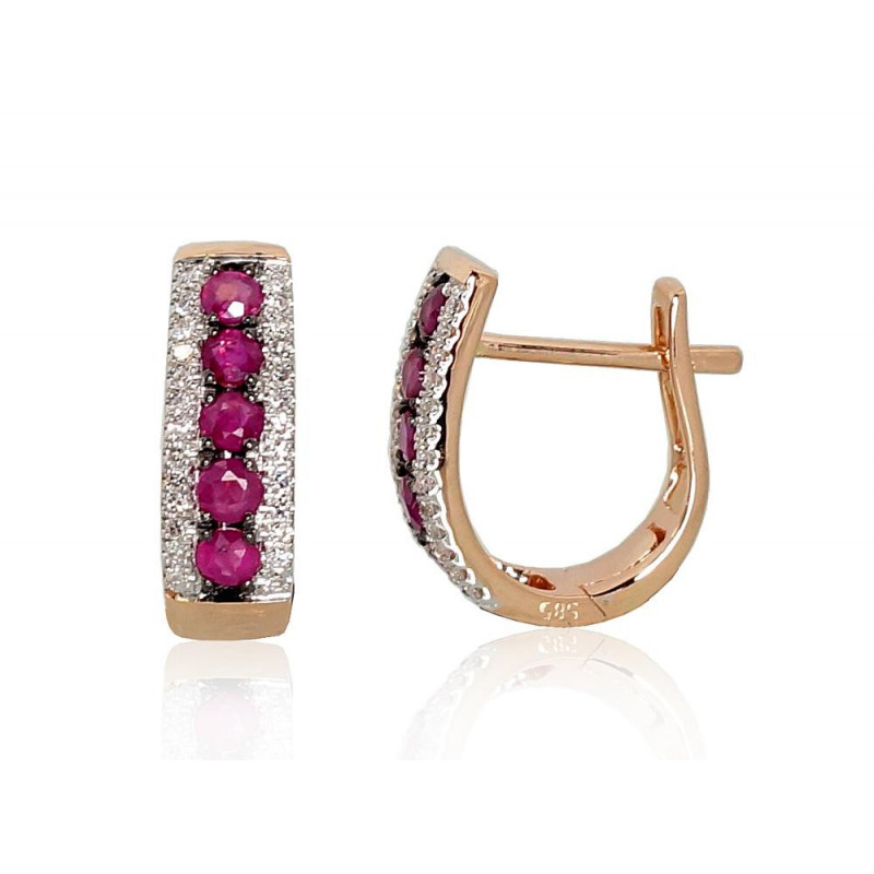 Gold earrings with 'english' lock 1200970(Au-R+PRh-W+PRh-Bk)_DI+RB, Red Gold 585°, Rhodium (Plating) , Diamonds , Ruby