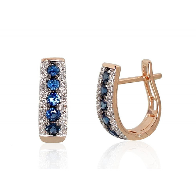 Gold earrings with 'english' lock 1200970(Au-R+PRh-W+PRh-Bk)_DI+SA, Red Gold 585°, Rhodium (Plating) , Diamonds , Sapphire