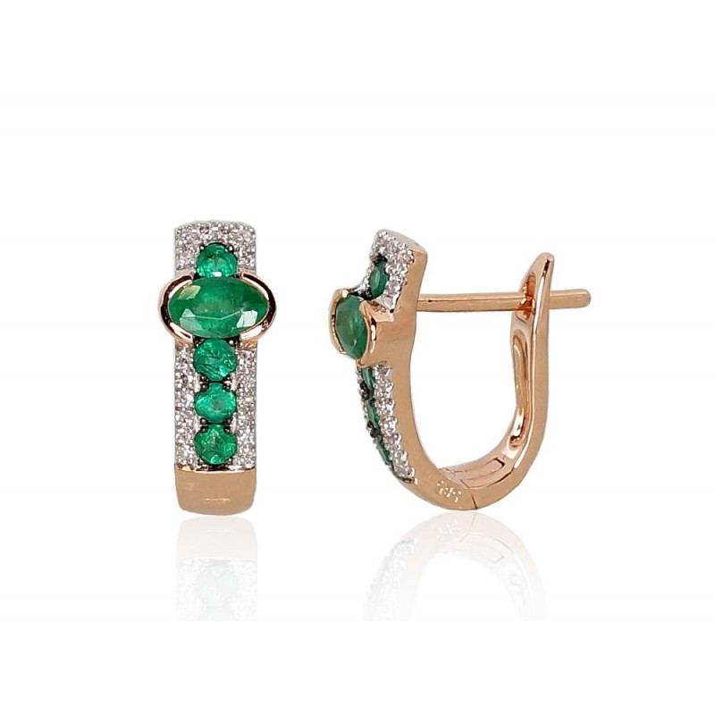 Gold earrings with 'english' lock 1200971(Au-R+PRh-W+PRh-Bk)_DI+EM, Red Gold 585°, Rhodium (Plating) , Diamonds , Emerald