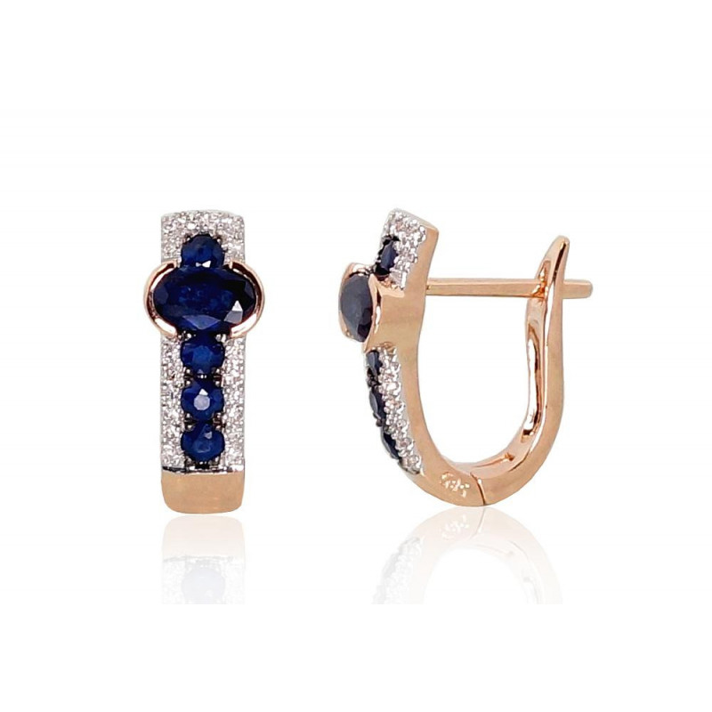 Gold earrings with 'english' lock 1200971(Au-R+PRh-W+PRh-Bk)_DI+SA, Red Gold 585°, Rhodium (Plating) , Diamonds , Sapphire