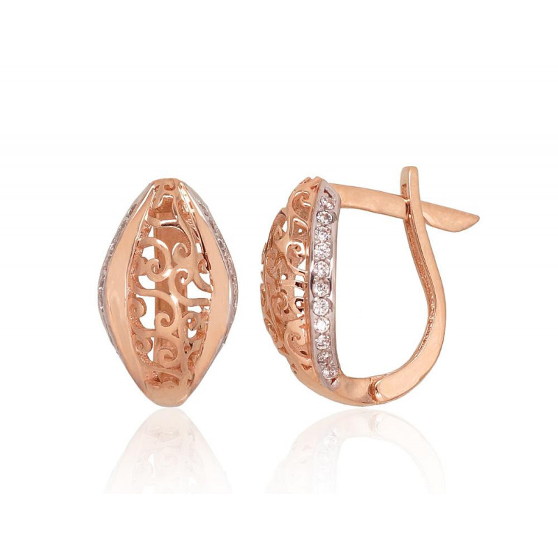 Gold earrings with 'english' lock 1201282(Au-R+PRh-W)_CZ, Red Gold 585°, Rhodium (Plating) , Zirkons