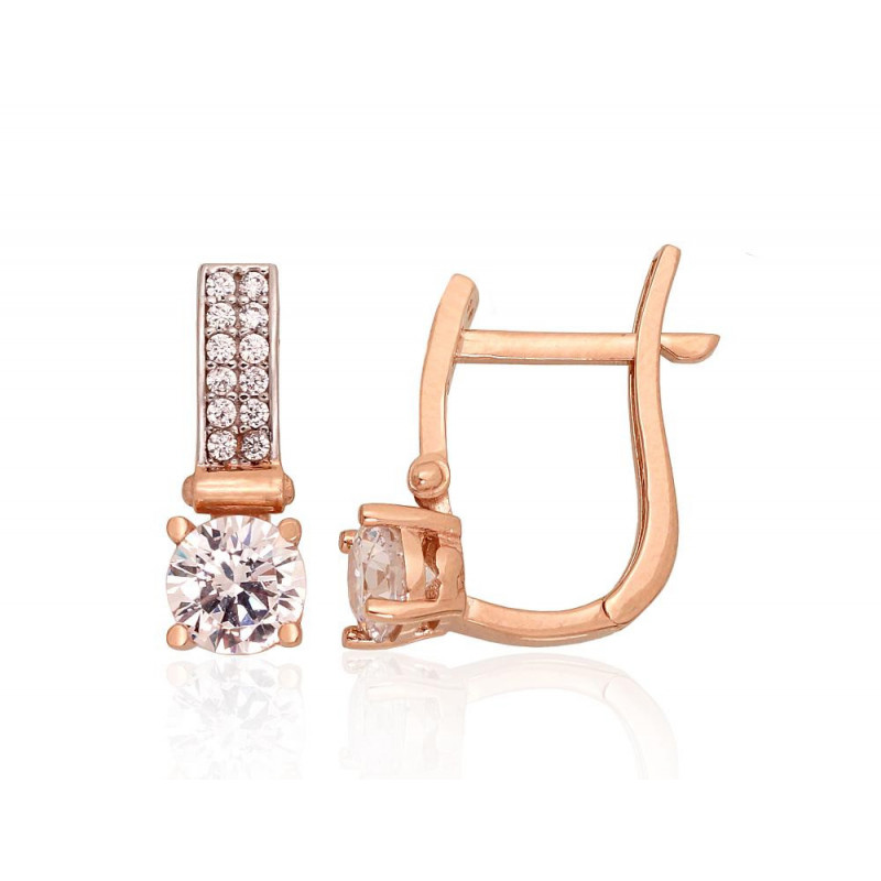 Gold earrings with 'english' lock 1201283(Au-R+PRh-W)_CZ, Red Gold 585°, Rhodium (Plating) , Zirkons