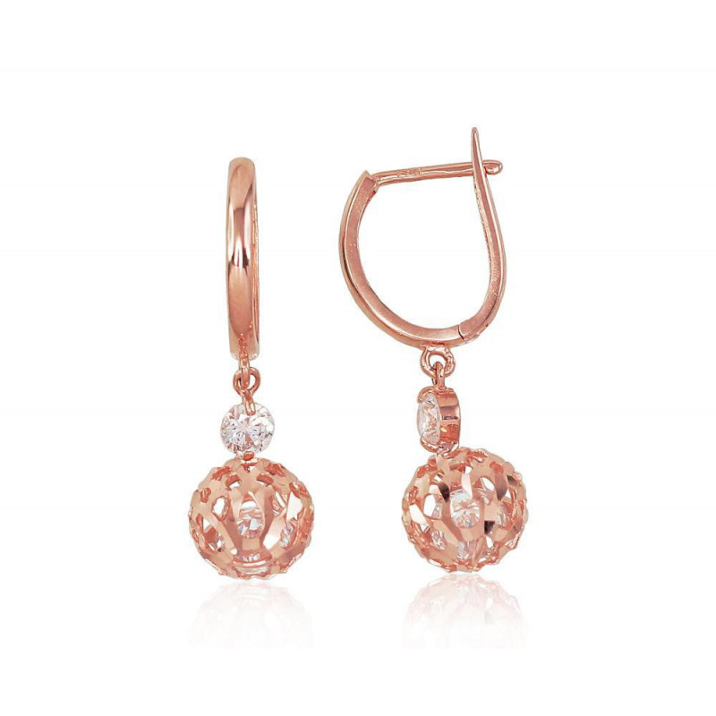 Gold earrings with 'english' lock 1200044(Au-R)_CZ, Red Gold 585°, Zirkons